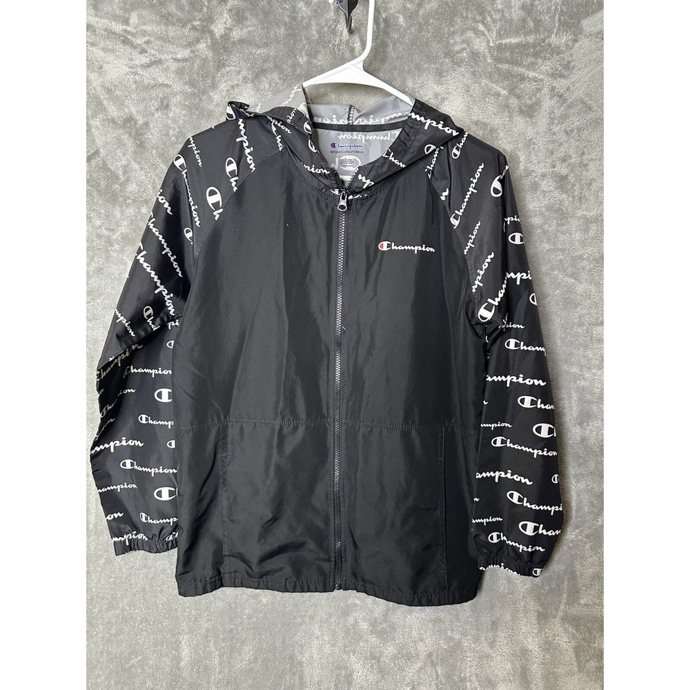 Champion Jacket Womens Large Windbreaker Black All Over Logo Full Zip Hooded‎